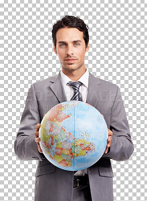 A handsome executive holding a globe while isolated on a png background