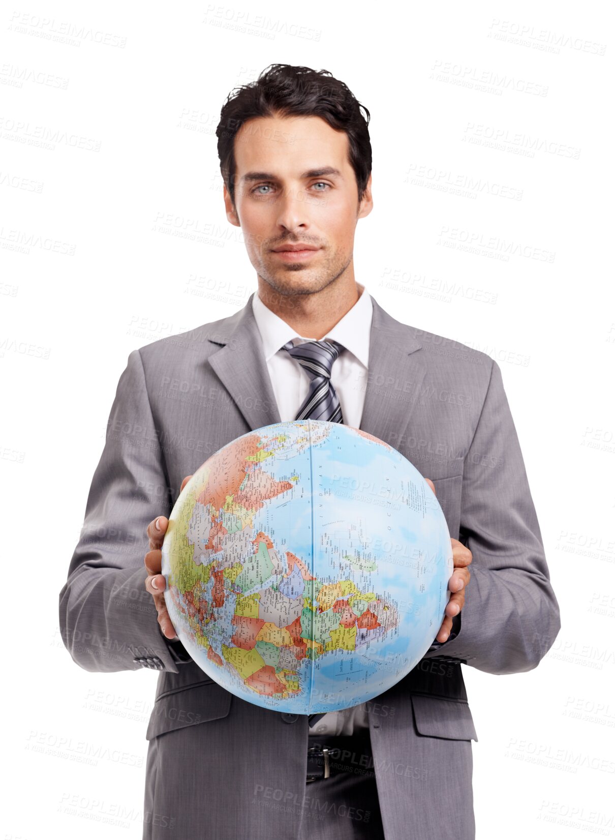 Buy stock photo World business, portrait and a businessman with a globe isolated on a transparent png background. Planet, work and a corporate employee with an earth for eco friendly and sustainable workplace