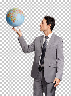 Buy stock photo Travel, globe and a corporate man holding a world map isolated on a transparent background for a business trip. Earth, professional and international with a male employee looking at an atlas on PNG