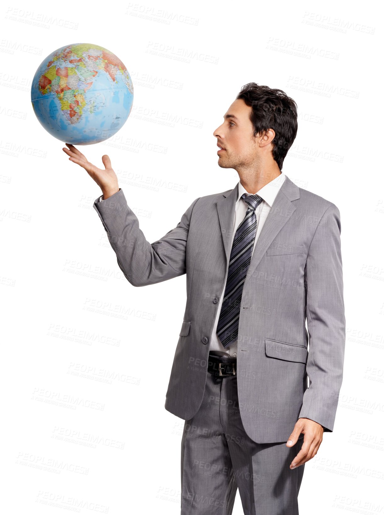 Buy stock photo Travel, globe and a corporate man holding a world map isolated on a transparent background for a business trip. Earth, professional and international with a male employee looking at an atlas on PNG