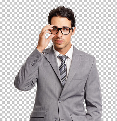 Buy stock photo Confident, glasses and portrait of business man on isolated, png and transparent background. Corporate, professional suit and serious male entrepreneur with confidence, pride and power for company