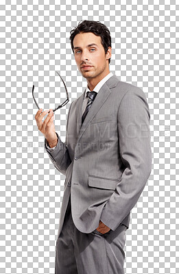 Buy stock photo Corporate, confident and portrait of business man on isolated, png and transparent background. Thinking, vision and serious male worker with glasses for confidence, pride and professional company