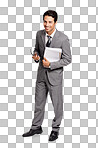 A confident young executive smiling at you while holding paperpwork isolated on a png background