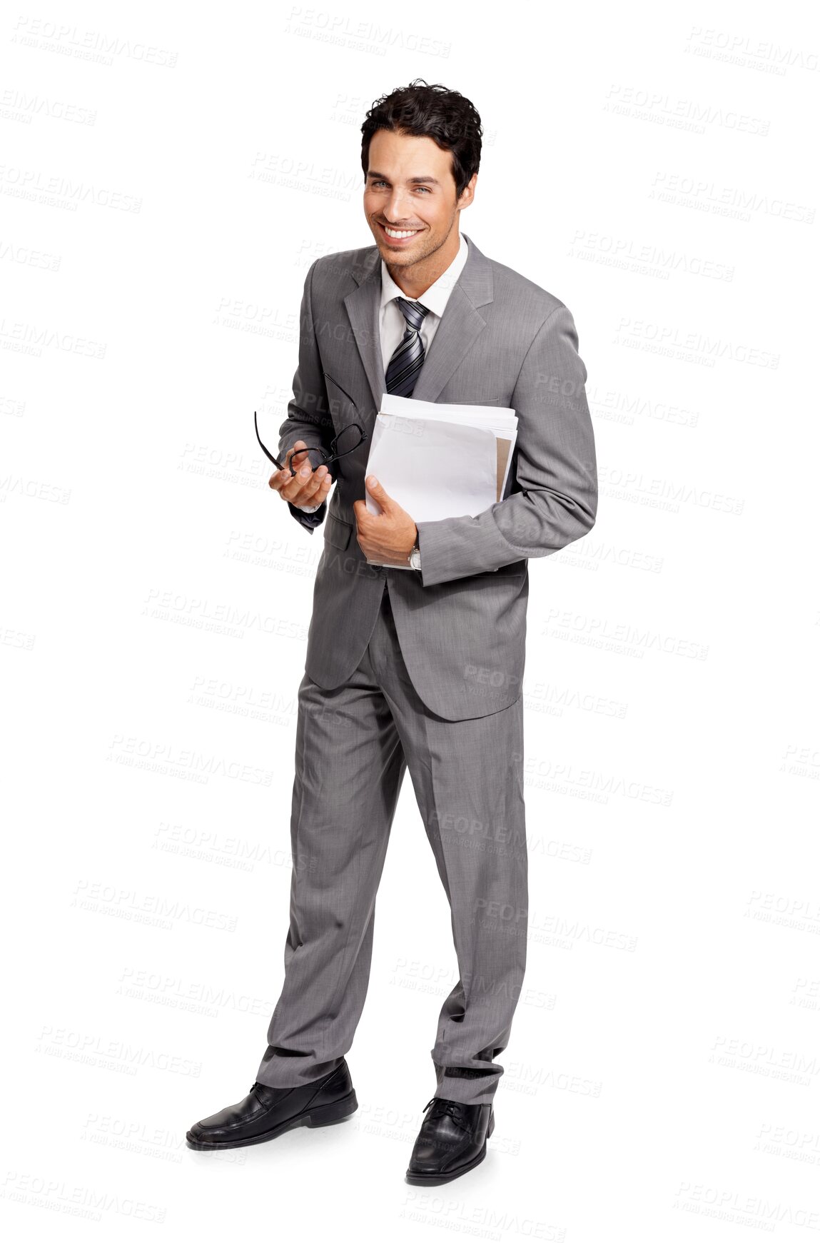 Buy stock photo Portrait, smile and business man with paperwork isolated on transparent png background. Documents, happy and male professional or entrepreneur with glasses, report or documentation for corporate job.