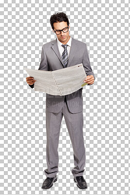 Buy stock photo Isolated business man, reading newspaper or focus for financial indicator, stock market update and economy. Businessman, news or article for info, knowledge and print by transparent png background