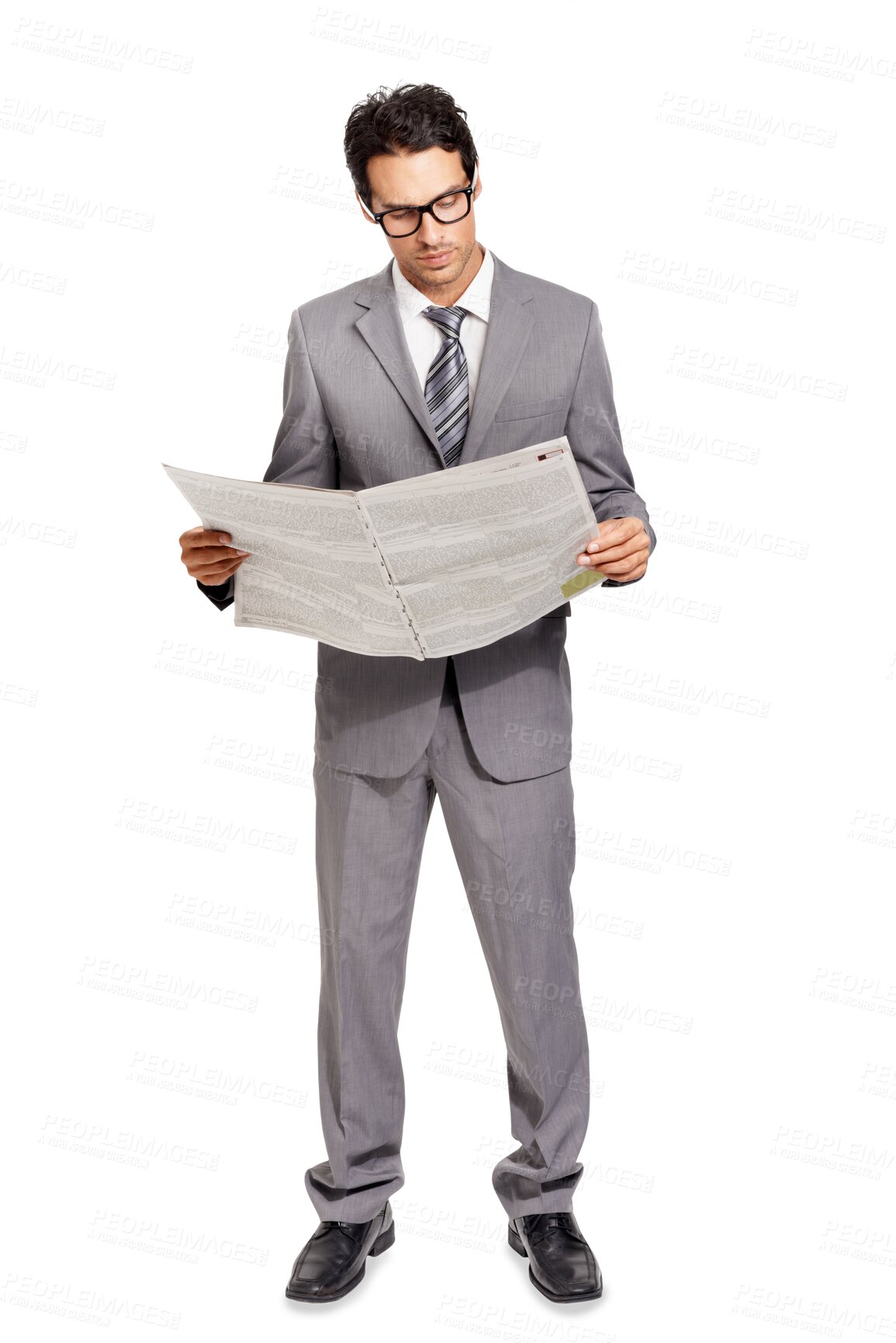 Buy stock photo Isolated business man, reading newspaper or focus for financial indicator, stock market update and economy. Businessman, news or article for info, knowledge and print by transparent png background