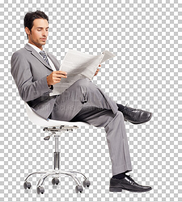 Buy stock photo Isolated business man, reading newspaper and thinking with trading, investing and transparent png background. Young businessman, executive and paper for analysis, news or announcement on stock market