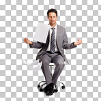 A zen businessman sitting in the lotus position amidst a swarm of paperwork isolated on a png background