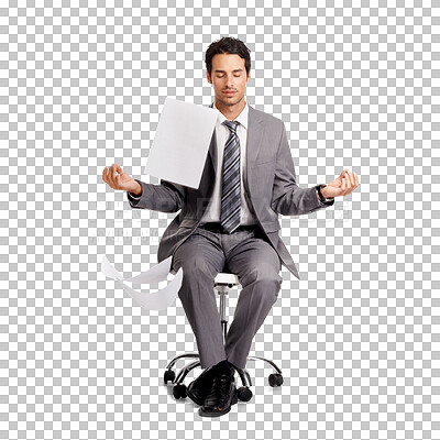 Buy stock photo Meditation, chair and business man with documents isolated on a transparent png background. Paperwork, meditate and male professional in yoga or lotus pose on swivel seat for zen, calm and peace.