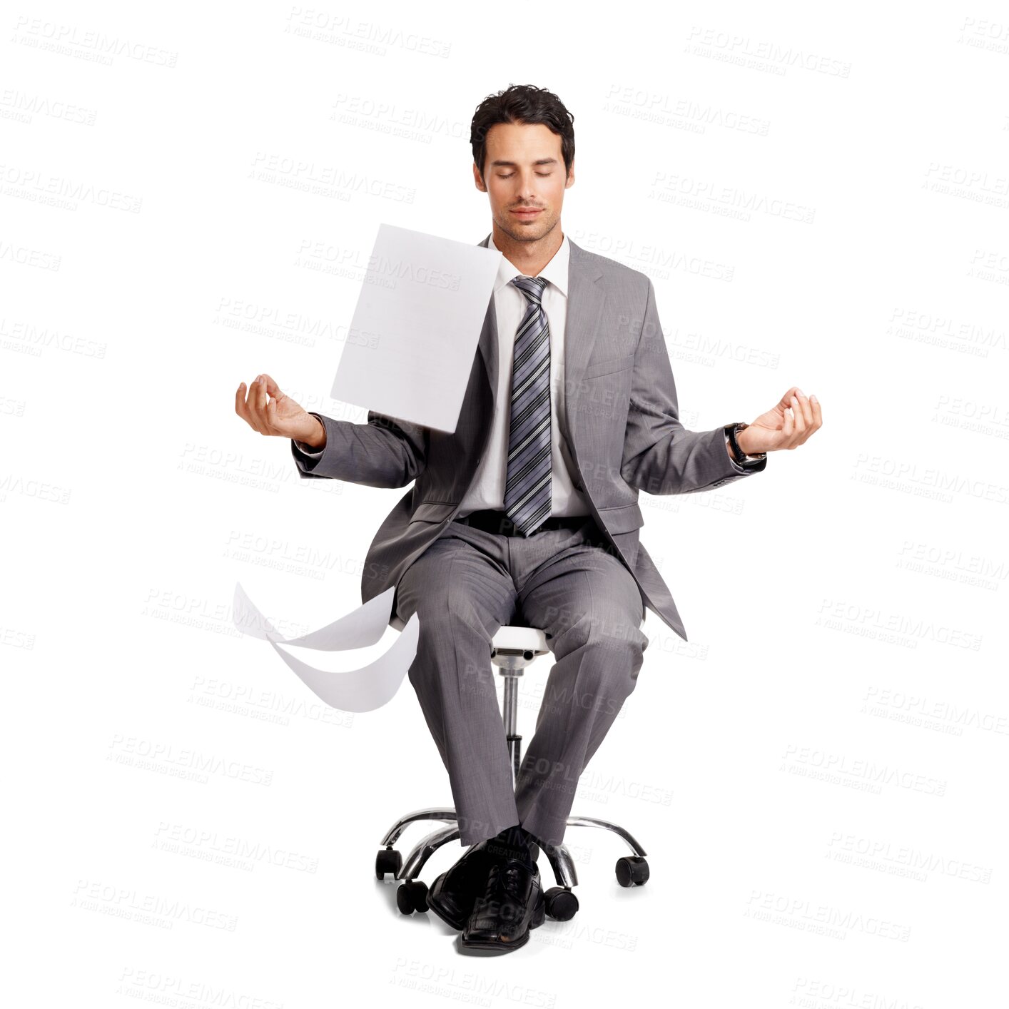 Buy stock photo Meditation, chair and business man with documents isolated on a transparent png background. Paperwork, meditate and male professional in yoga or lotus pose on swivel seat for zen, calm and peace.