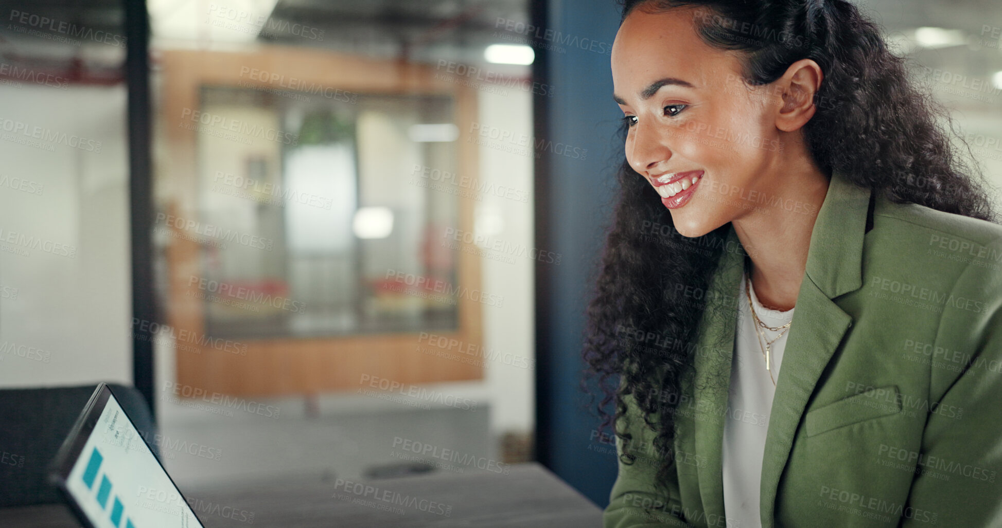 Buy stock photo Laptop, happiness and business woman reading, smile and happy for corporate data, feedback statistics or success insight. Computer, report and agent check customer experience review, stats or chart