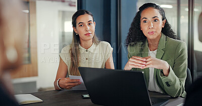 Laptop, group collaboration and diversity women brainstorming financial growth, stock market or bitcoin investment. Crypto finance economy, forex management team and trader discussion on NFT trading