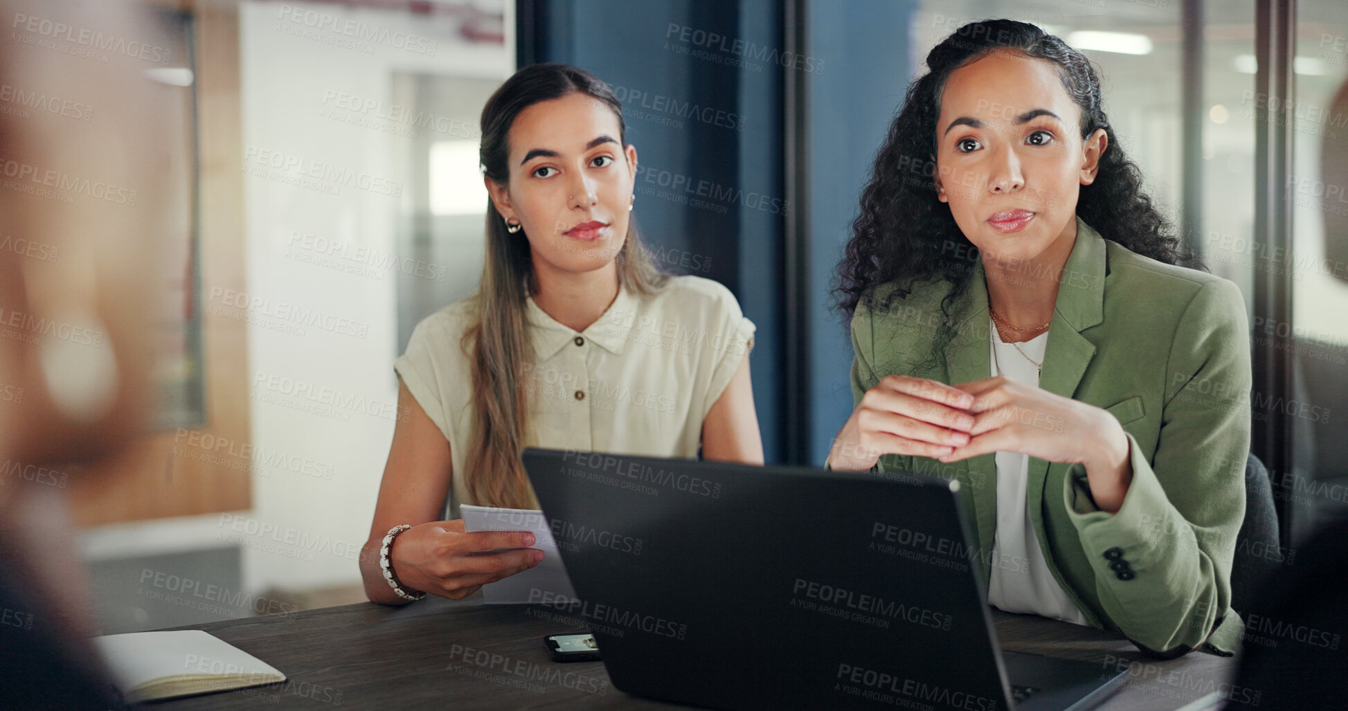 Buy stock photo Laptop, meeting and business people in discussion in the office for planning creative project. Technology, career and professional women designers working in collaboration with computer in workplace.