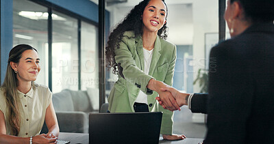 Business applause, acquisition handshake and people celebrate investment, b2b contract deal or merger success. Client negotiation meeting, hand shake and group excited for women partnership agreement