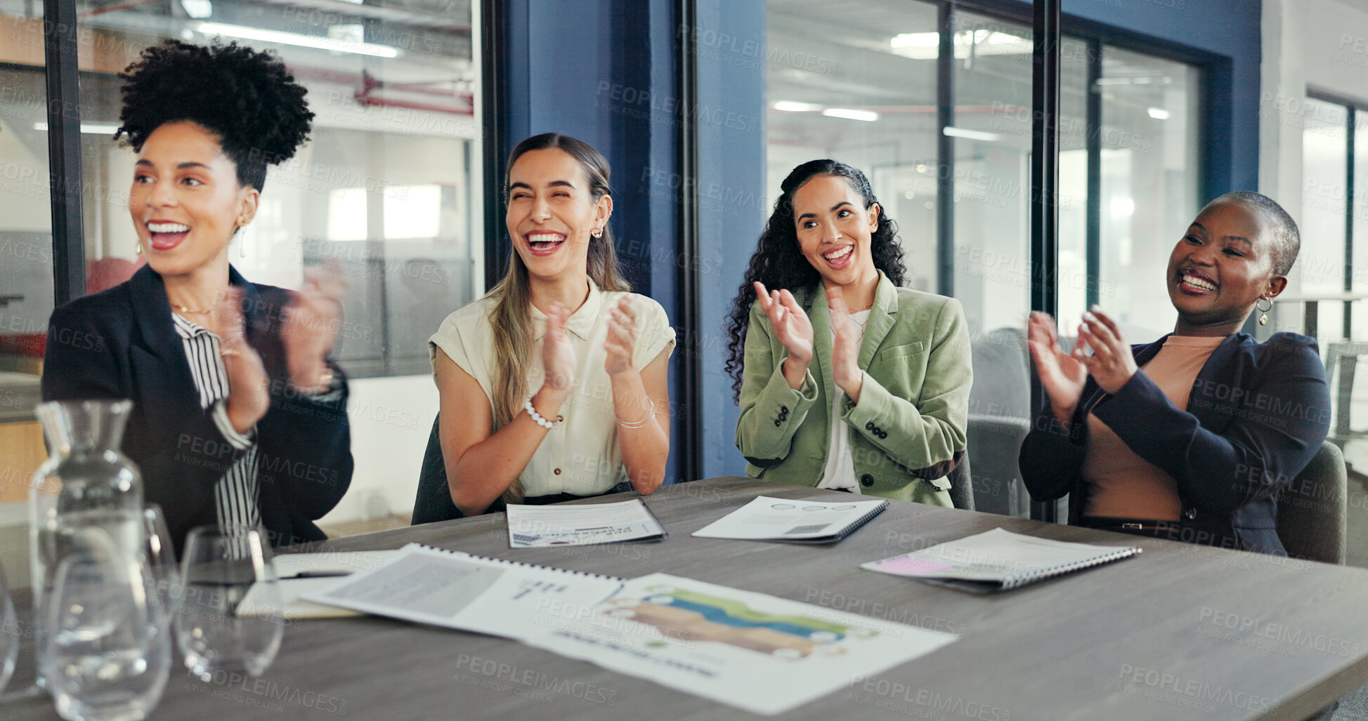 Buy stock photo Business people, meeting applause and group success, support or achievement and excited in marketing workshop. Professional group of women clapping and celebration of project news or congratulations