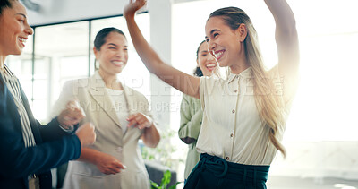 Business woman dance, celebration and staff dancing with a smile feeling happiness together. Management, company office growth and success of women with team building and motivation in a workplace
