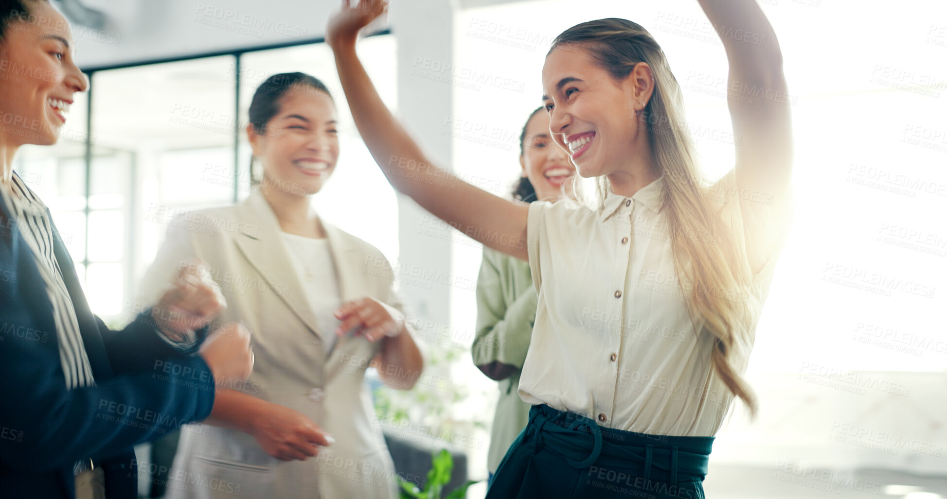 Buy stock photo Dancing, happy people and business woman celebrate, fun and excited for corporate deal, job promotion or success. Achievement celebration, energy and team meeting happiness for bonus salary winner 