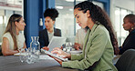 Business woman, portrait and tablet in meeting for online planning, strategy and internet search. Happy female worker working on digital technology for productivity, connection and happiness in team