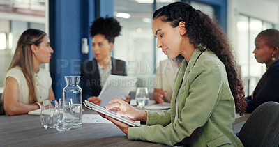 Business woman, portrait and tablet in meeting for online planning, strategy and internet search. Happy female worker working on digital technology for productivity, connection and happiness in team