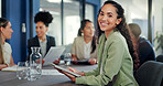 Business woman, portrait and tablet in meeting for online planning, strategy and internet search. Happy female worker working on digital technology for productivity, connection and happiness in team