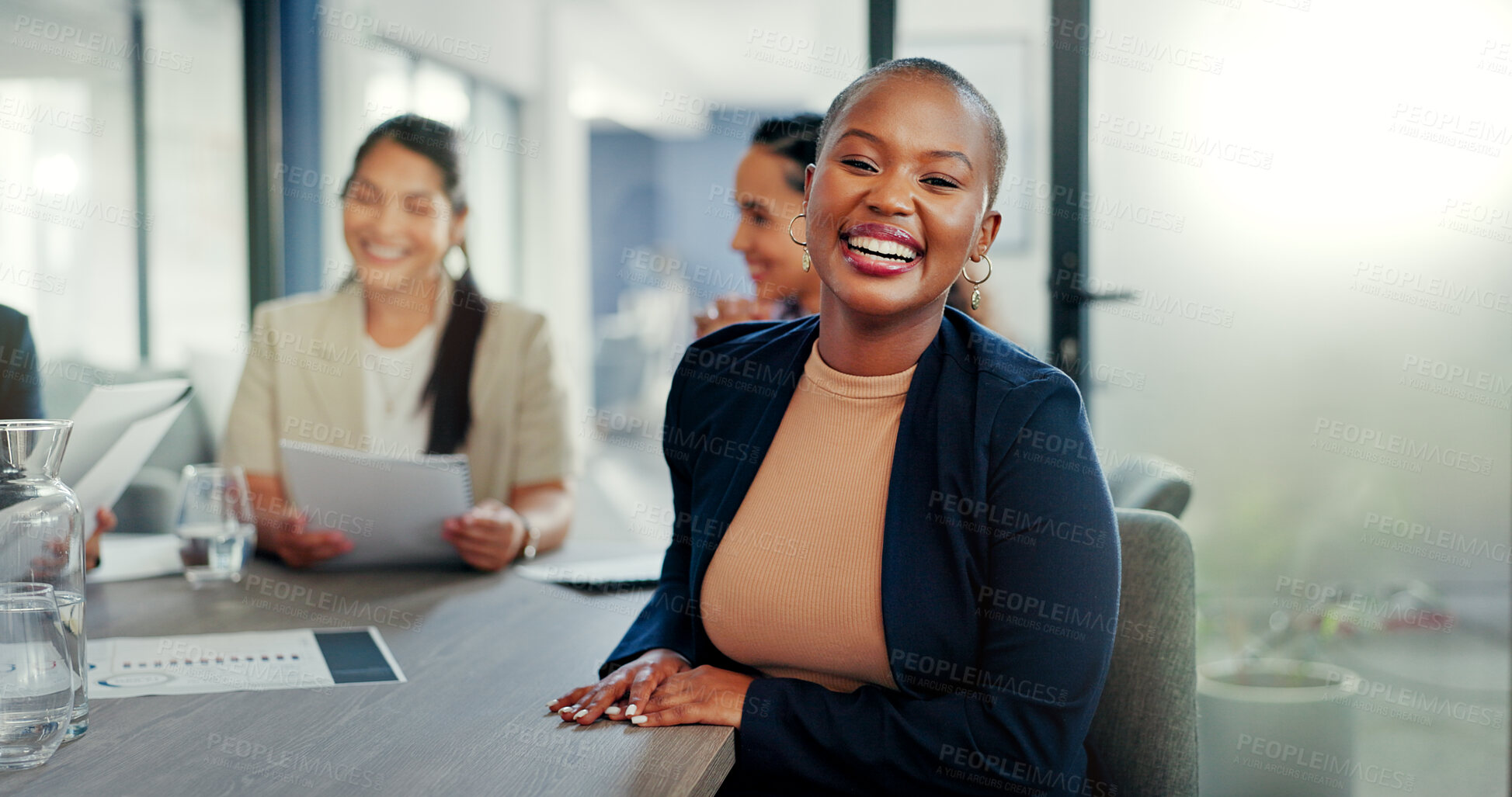 Buy stock photo Black woman, smile and portrait at table in office, workplace and business meeting in corporate company. Face, excited professional consultant at desk and confident African entrepreneur coworking.