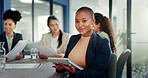 Business meeting, black woman and portrait with tablet for online planning, strategy and smile. Happy female worker working on digital technology for productivity, connection and happiness in startup