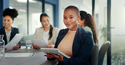 Business meeting, black woman and portrait with tablet for online planning, strategy and smile. Happy female worker working on digital technology for productivity, connection and happiness in startup