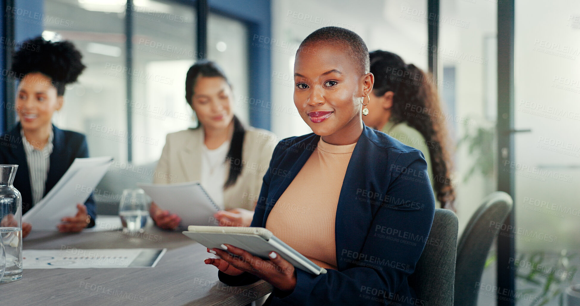 Buy stock photo Business woman, portrait and tablet for meeting, planning and marketing management, leadership and agenda in office. Face of african manager, employee or worker on digital technology for staff update