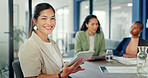 Business, woman and portrait with tablet in office for online planning, strategy and smile. Female worker working on digital technology for productivity, connection and happiness in startup company