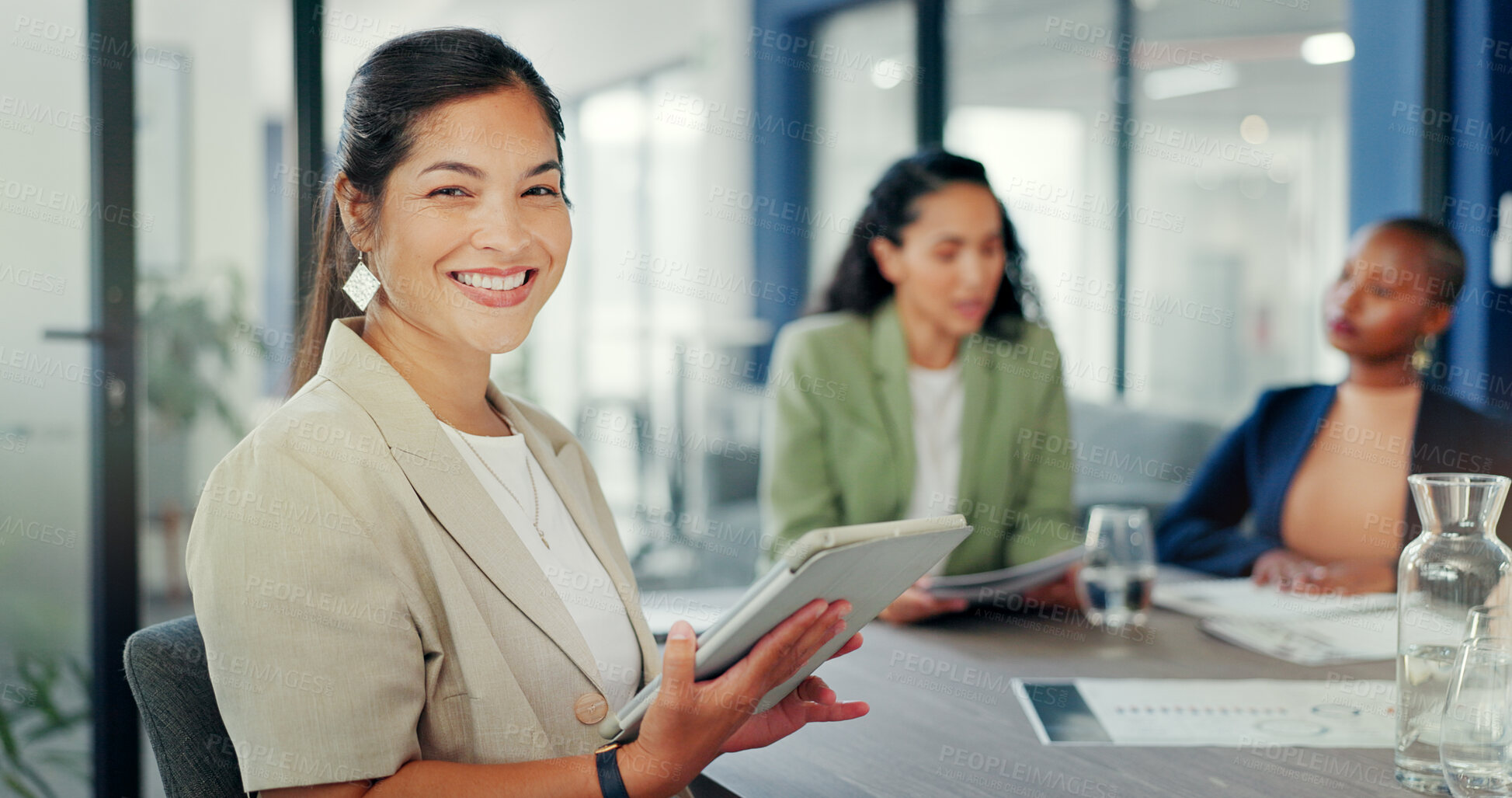 Buy stock photo Business woman, tablet and portrait at desk in office, smile and career in corporate company. Face, happy professional on technology and consultant, entrepreneur and employee coworking in meeting