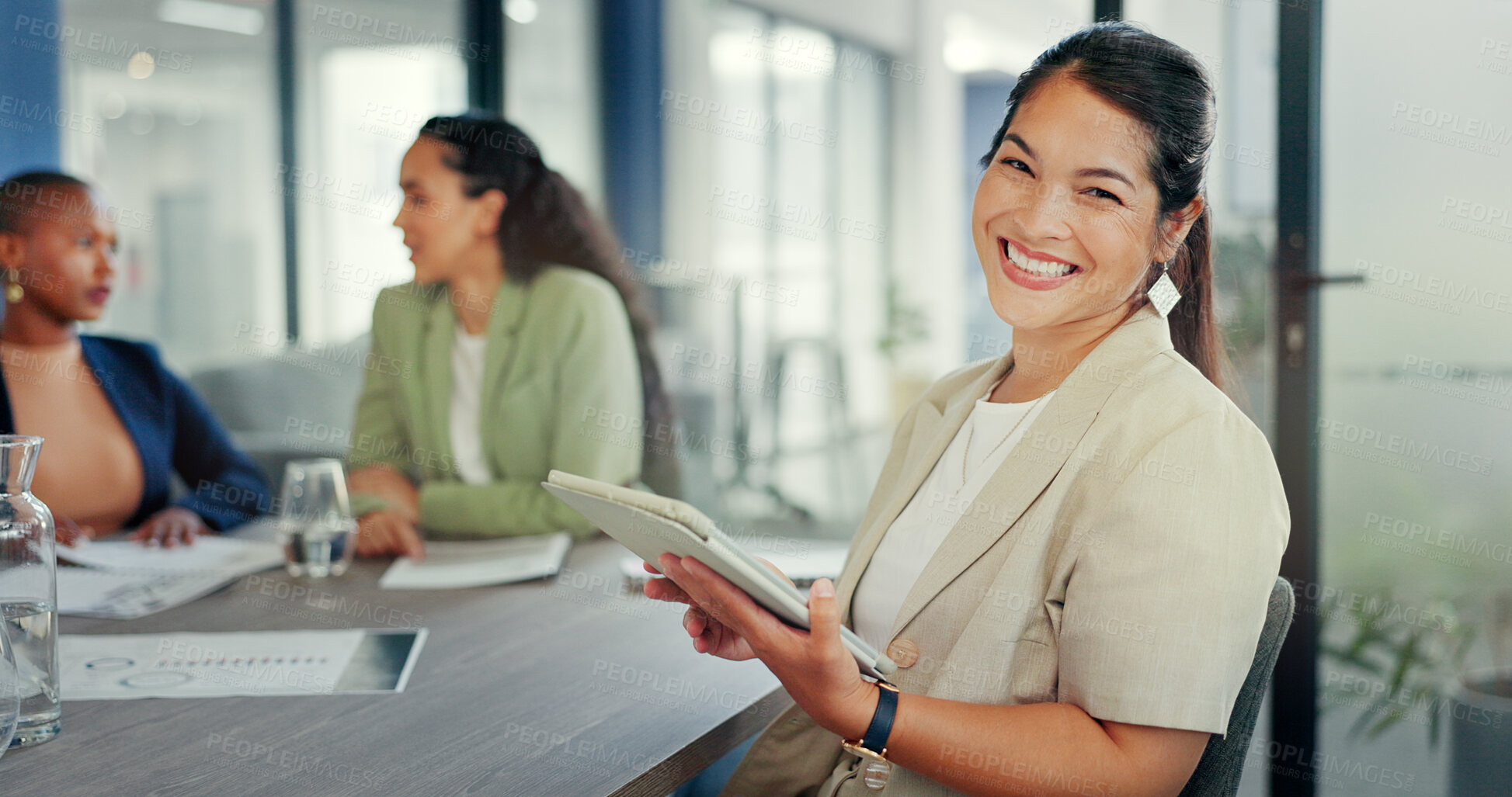 Buy stock photo Business woman, tablet and portrait at desk in office, smile and career in corporate company. Face, happy professional on technology and consultant, entrepreneur and employee coworking in meeting