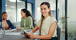 Woman, tablet and portrait in office meeting for online planning, strategy and smile. Happy female worker working on digital technology for productivity, connection and happiness in startup company