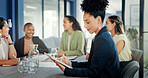 Black woman, tablet and portrait in office meeting for online planning, strategy and smile. Happy female worker working on digital technology for productivity, connection and happiness in company