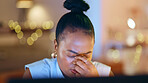 Black woman, headache and stress at computer in night business for anxiety, pain and confused problem. Overtime, burnout and tired female worker sick with fatigue, brain fog and eye strain at desktop