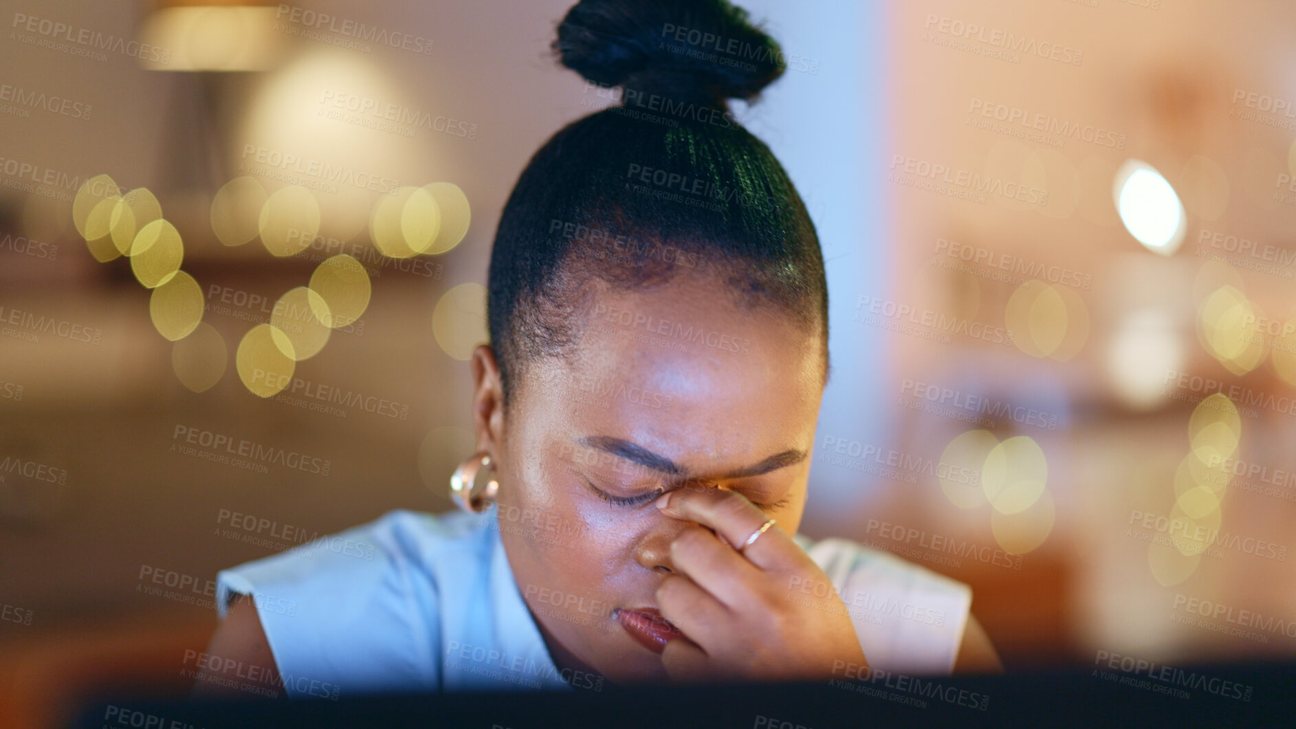 Buy stock photo Stress, headache and deadline with a business black woman in her office at night for overtime work. Depression, fail or mistake with a frustrated or annoyed professional employee in the workplace