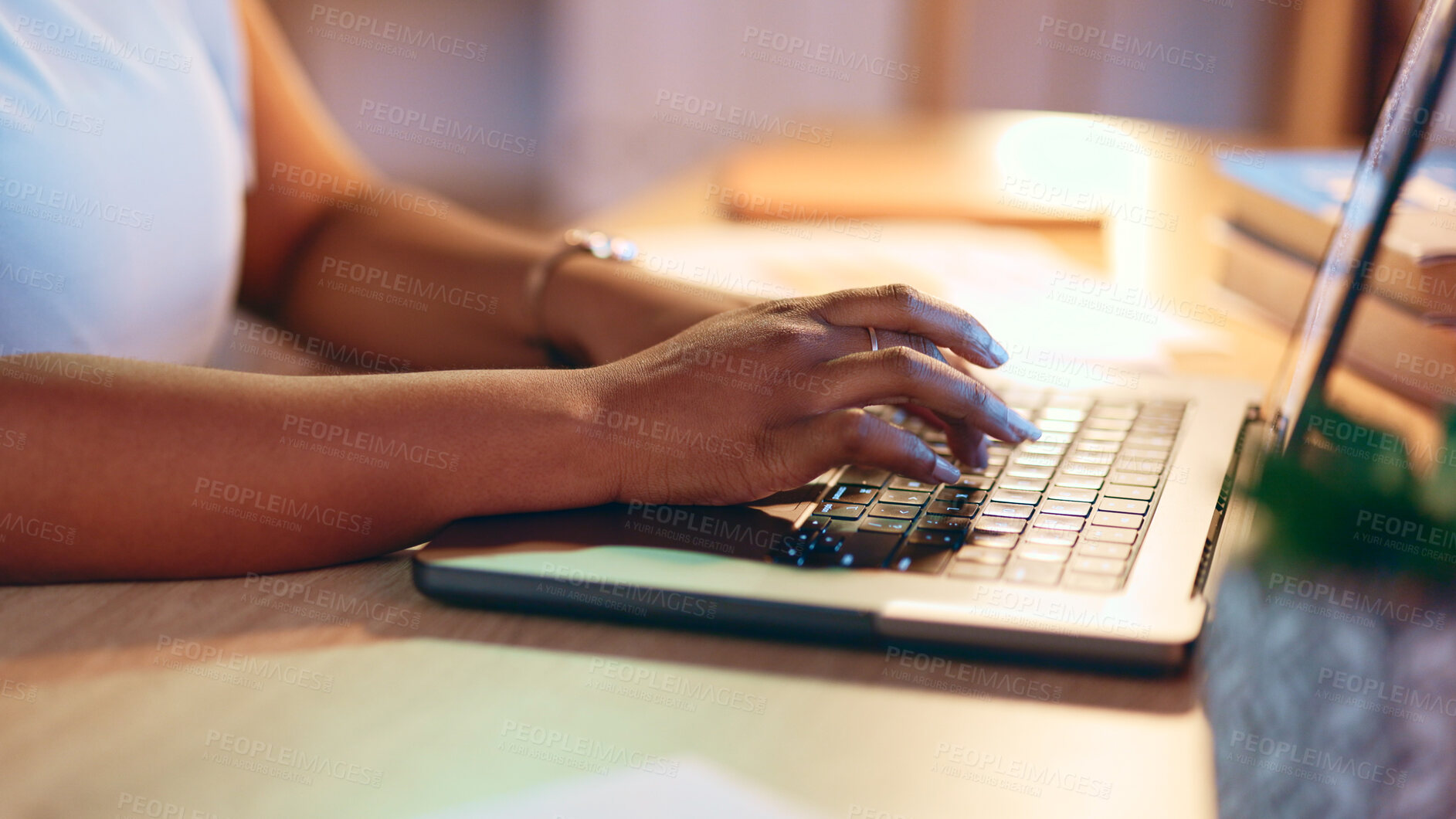 Buy stock photo Laptop, business and closeup of hands typing, work on project and creative research at desk. Table, keyboard editor and woman writing email, networking on website and internet on computer in startup