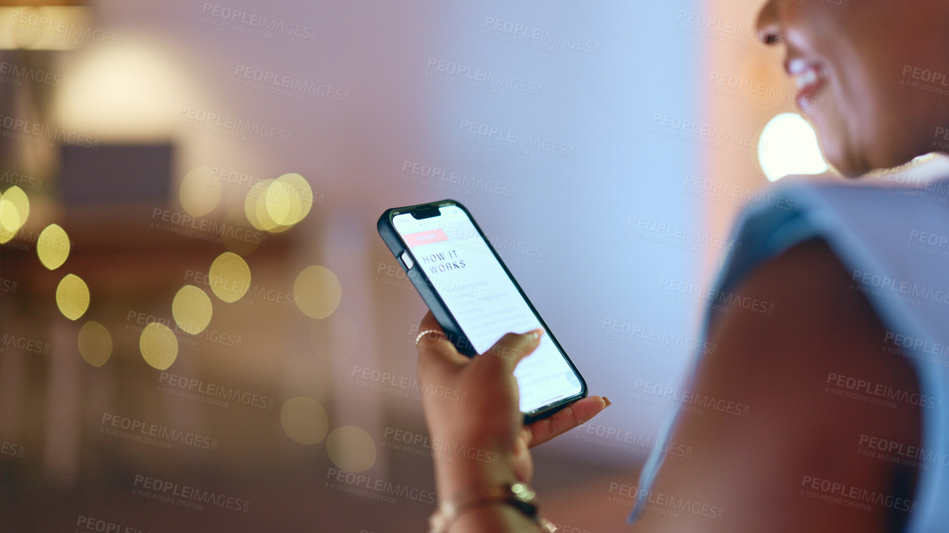 Buy stock photo Hand, phone and a business woman reading an online blog for information about how to start. Website, article and a happy professional employee using a mobile to search for instructions at night