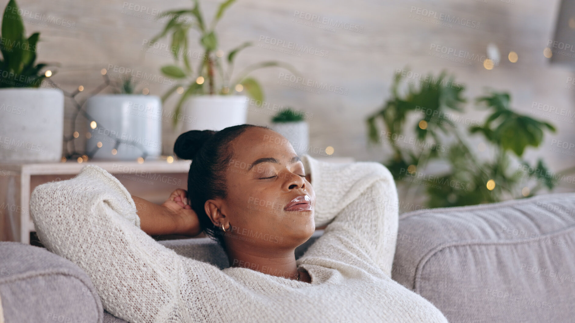 Buy stock photo Relax, sleeping and black woman nap on sofa for satisfaction, free time and weekend at home. Apartment, dreaming and tired African person resting in living room on couch for calm, carefree and chill