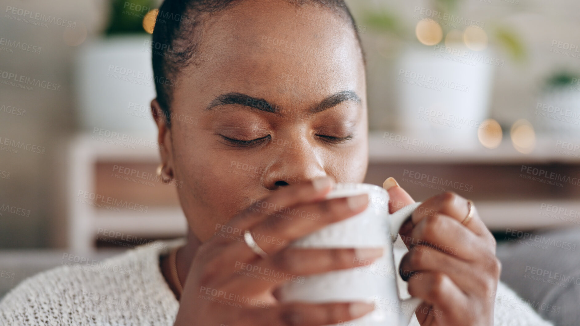 Buy stock photo Black woman, meditation and peace with coffee in hands and relax at home, future and mindfulness. Stress free, warm drink and dream, inspiration and self care, calm in lounge and tea for wellness