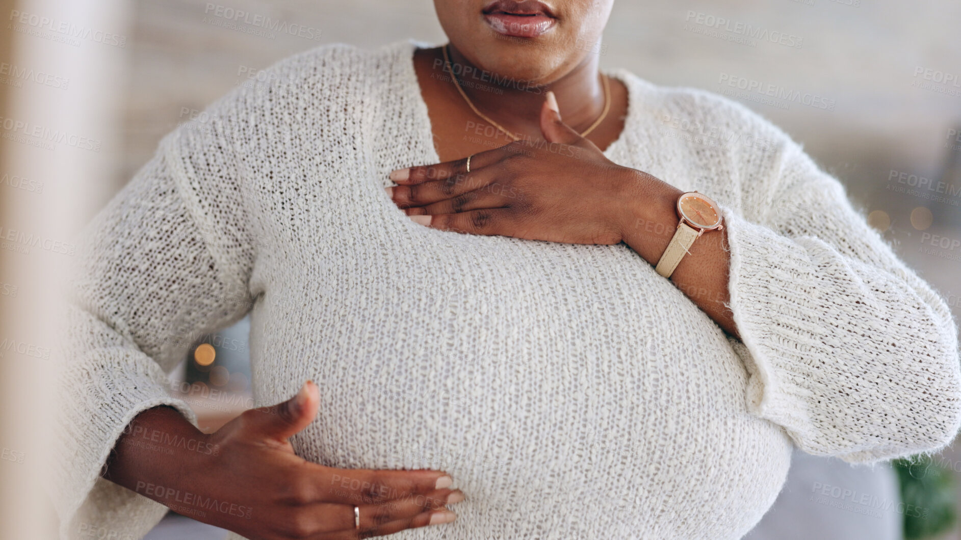 Buy stock photo Breast cancer, self exam and woman with hands on chest for testing, health check and detection. Healthcare, medical care and person feel, touch and press breasts for awareness, symptoms and signs