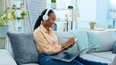 Black woman, laptop and video call for sofa education webinar, e learning or university presentation for living room studying. Smile, happy and talking student on technology for online college class