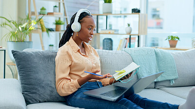 Black woman, laptop and video call for sofa e learning, education webinar or university presentation for living room studying. Smile, happy and talking student on technology for online college class