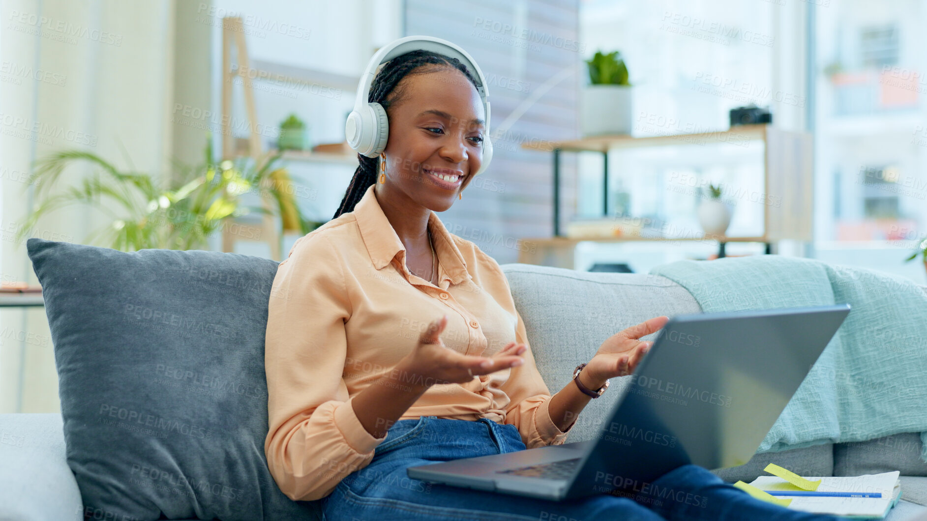 Buy stock photo Black woman, laptop or video call on house sofa for networking, b2b customer deal or freelance business consulting. Smile, happy or talking employee on remote work technology or mobile communication