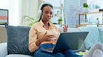 Black woman, laptop and video call for sofa e learning, education webinar or university presentation for living room studying. Smile, happy and talking student on technology for online college class