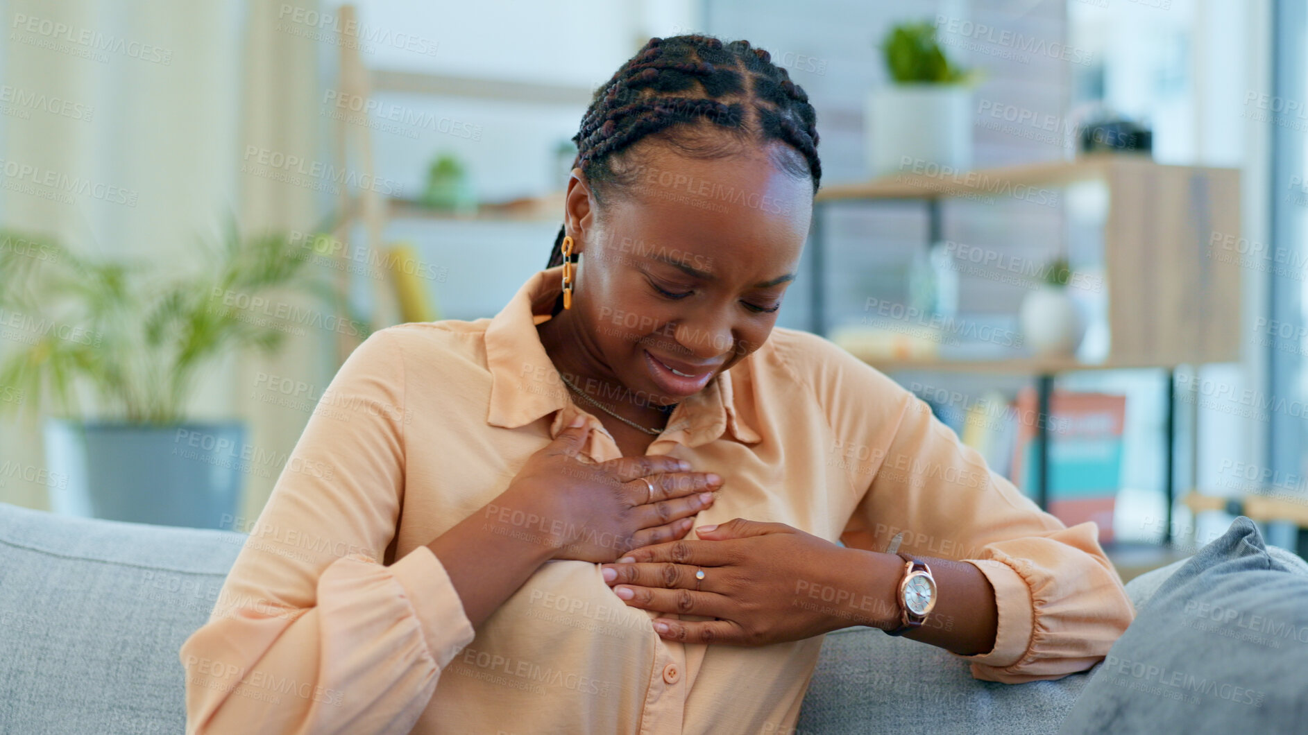 Buy stock photo Black woman, chest pain and heart attack with health at home, emergency and breathing issue with indigestion. Respiratory, pneumonia or tuberculosis, lungs or cardiovascular healthcare or anxiety