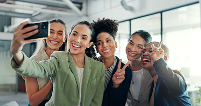 Selfie, friends and business with a black woman group posing for a profile picture together in the office at work. Social media, partnership and teamwork with female colleagues taking a photograph