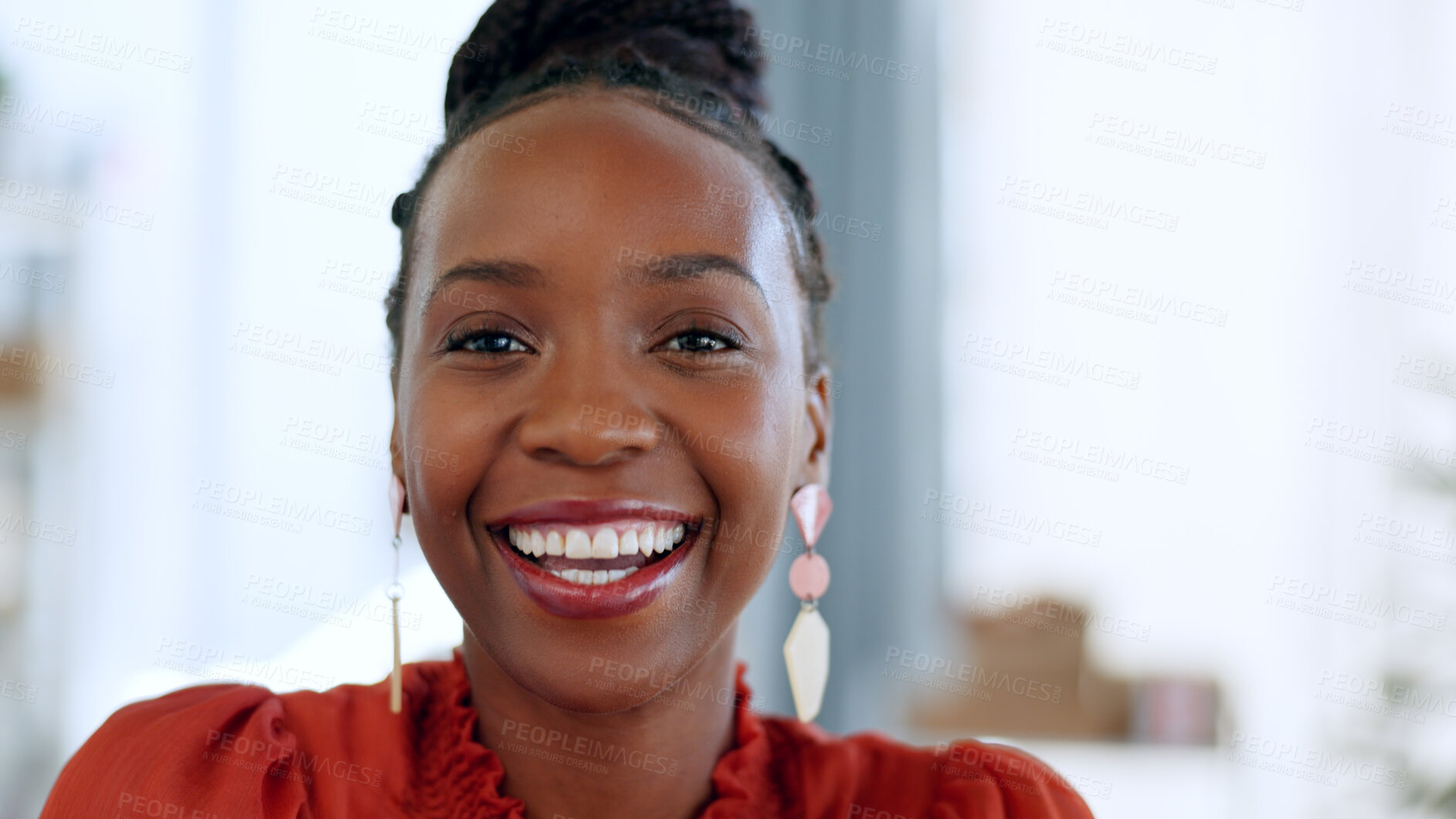 Buy stock photo Portrait, smile and a business black woman closeup in the office of her small business boutique. Face, fashion and a happy young employee or entrepreneur in her professional workplace for design