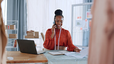 Phone call, fashion designer and black woman doing networking and work communication. Creative studio, computer and textile construction worker working of clothing designs in a office for project