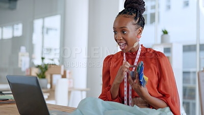 Video call, black woman designer and textile talk on a online meeting with color panel idea. Talking, work communication and fashion design project of a retail shopping assistant in a office