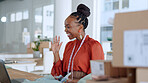 Business video call, black woman stylist and textile designer on a online meeting in a office. Talking, work communication and fashion design project of a retail shopping assistant in a office